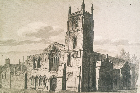 An engraving of Bourne Abbey from 1819